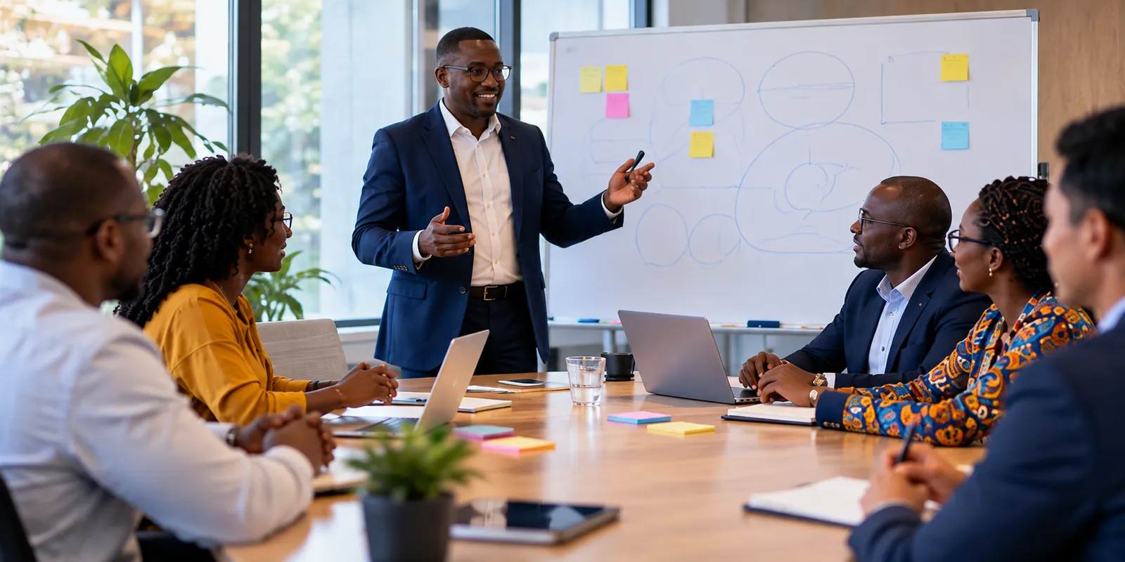 A person leading a workshop at a whiteboard with sticky notes, with colleagues seated around a table.