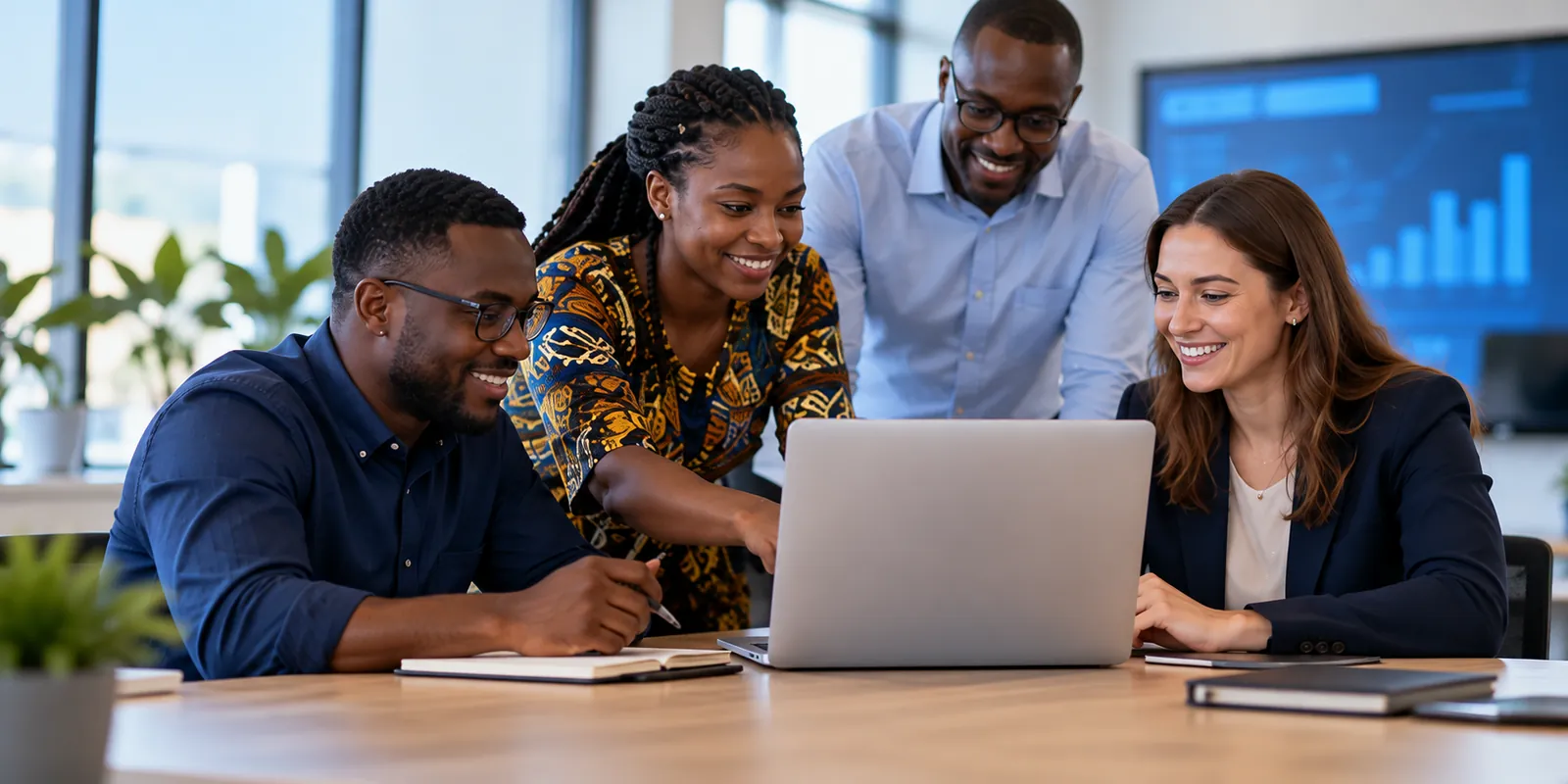 A diverse team of colleagues collaborating around a laptop and a large screen in a bright office.