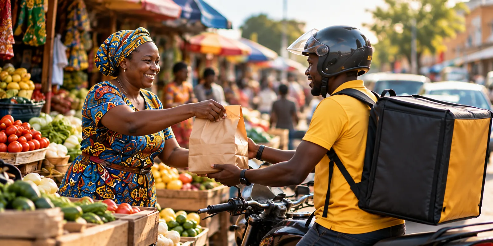 A market vendor handing a paper bag to a delivery rider on a motorbike at a busy street market.