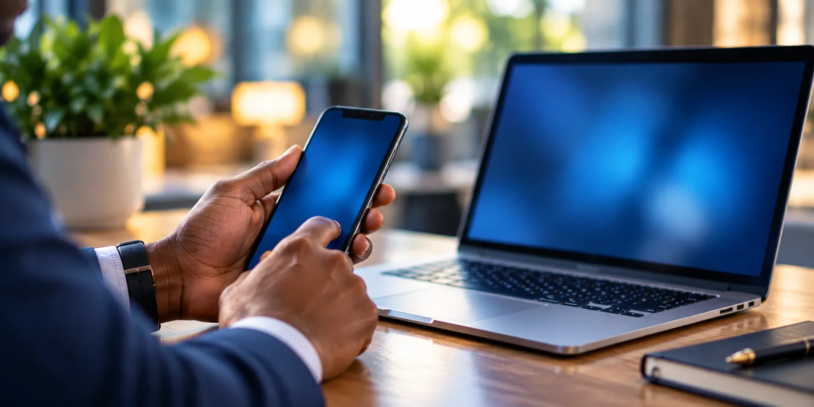 Hands holding a phone next to a laptop.